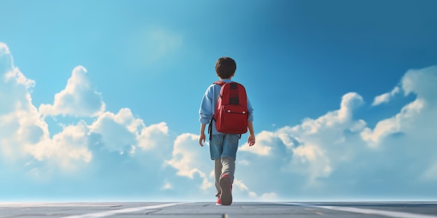 Étudiant avec sac à dos à pied à l'école Blue Sky Background Retour à l'école Concept Generative Ai