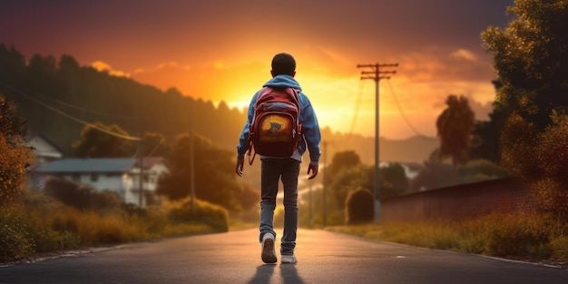 Étudiant avec sac à dos à pied à l'école Sunset Background Retour à l'école Concept Generative Ai