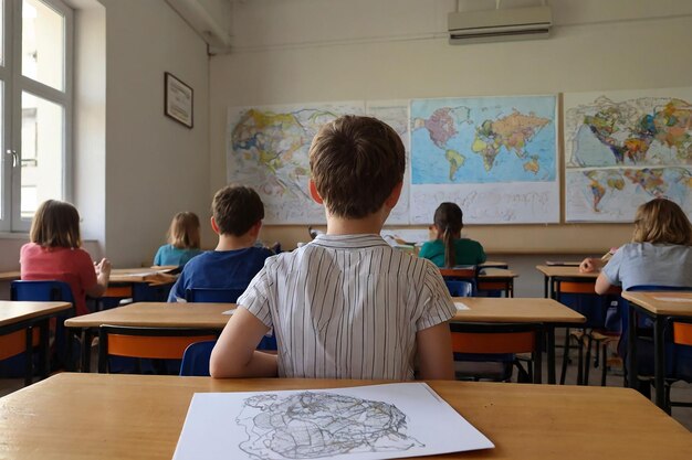 Étudiant à la table vue de l'arrière apprenant le dessin global graphique