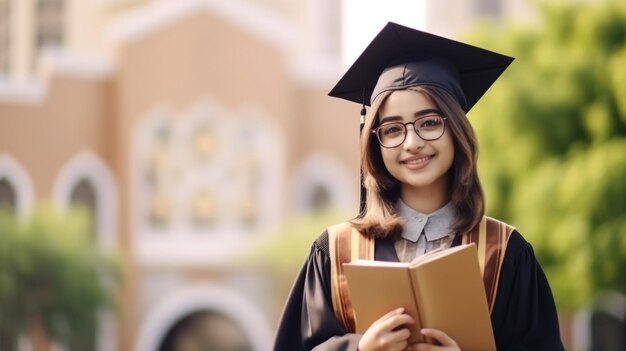 Étudiante asiatique souriante en robe académique et casquette de graduation titulaire d'un diplôme