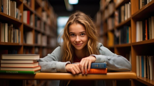 Étudiante assise devant des étagères de livres dans la bibliothèque du collège