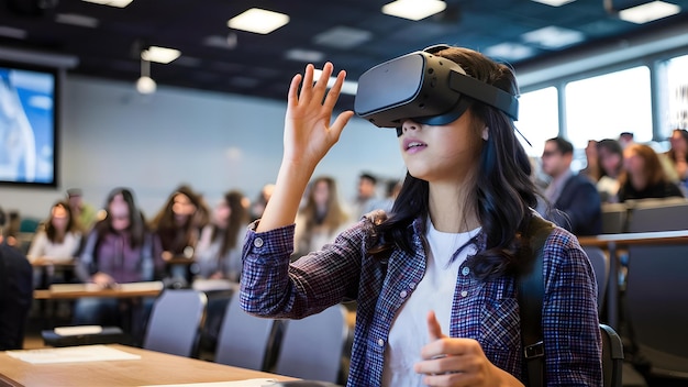 Étudiante dans une salle de conférence utilisant un casque VR pour démontrer la technologie dans l'éducation Concept Éducation Technologie Réalité Virtuelle Étudiante en salle de conférence Démonstration de technologie