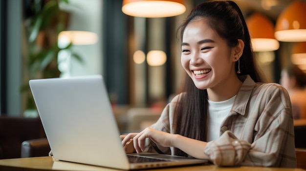 Étudiante heureuse Portrait d'étudiante asiatique avec un ordinateur portable Concept d'étude en ligne