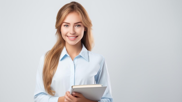 Étudiante heureuse Portrait d'étudiante avec des livres sur fond blanc