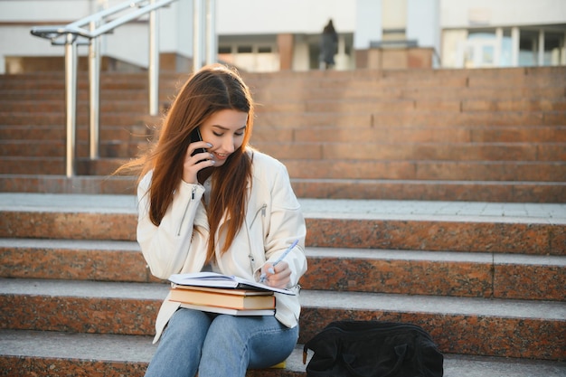 Étudiante avec des livres à l'extérieur Une écolière souriante avec des livres debout sur le campus Je suis très bien préparée pour l'examen Portrait d'une étudiante parfaite à l'université