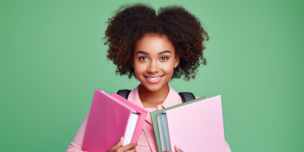 Étudiante souriante à la peau foncée avec un sac à dos et des manuels sur un fond vert clair