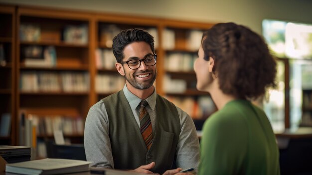 Étudiante universitaire ou collégiale en conversation avec son professeur à la bibliothèque