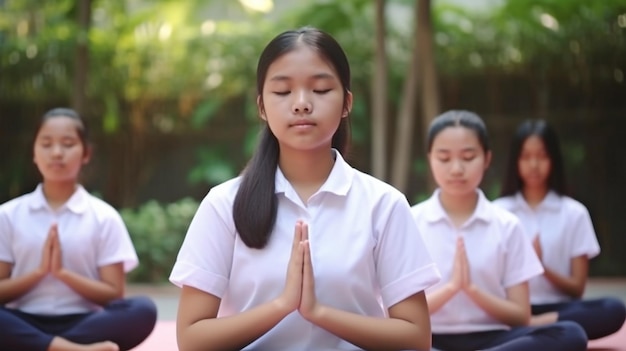 Étudiants faisant du yoga et méditant sur un tapis de yoga dans le jardin de l'école Generative AI