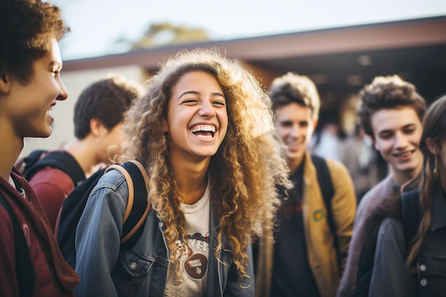 Étudiants multiraciaux et divers heureux de se rencontrer après les vacances au collège ou à l'université