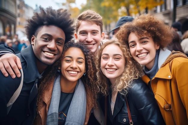 Étudiants multiraciaux divers heureux de se retrouver après les vacances au collège ou à l'université