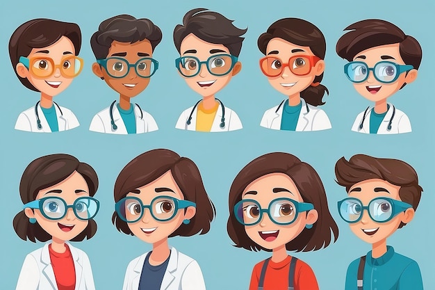 Étudiants portant des lunettes de laboratoire avec différentes expressions illustration vectorielle dans le style plat