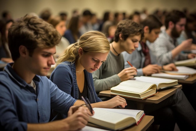 Étudiants qui étudient dans une salle de classe avec un lisant un livre intitulé "