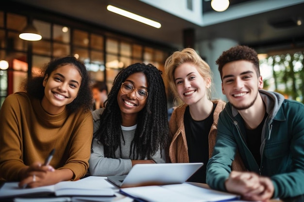 Étudiants souriant à la caméra avec un ordinateur portable et une fille regardant la caméra.