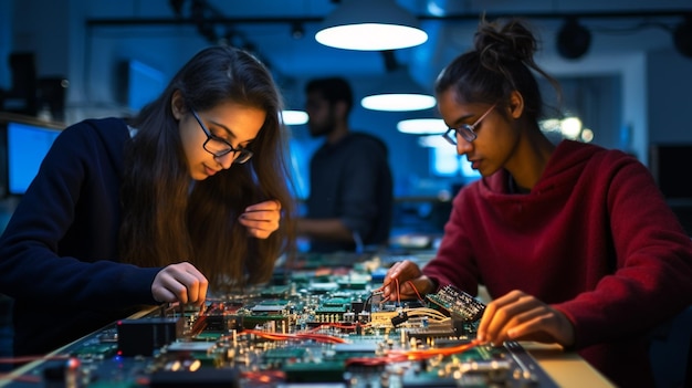 Étudiants travaillant sur l'électronique à une table, éducation images stock