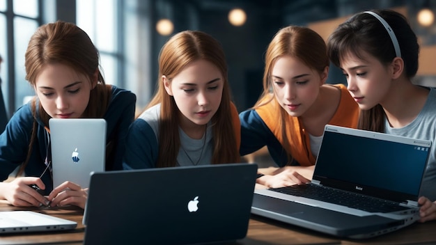 Étudiants travaillant sur un graphique de réseau d&#39;ordinateur portable