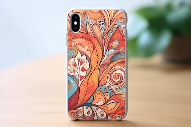 Étui de téléphone aux couleurs vives avec un motif floral sur une table en bois ai génératif