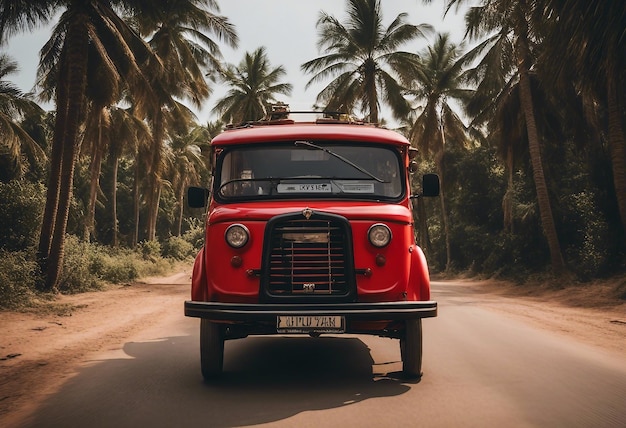 Tuktuk rouge sous les palmiers sur la route de campagne en Inde