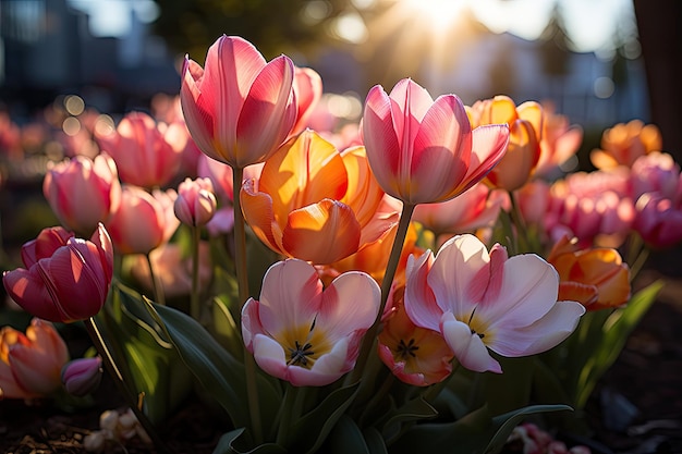 Tulipas aux couleurs vives sous le ciel génératif IA