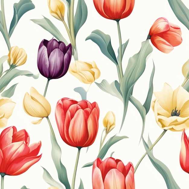 Tulipe de couleur de l'eau transparente avec motif de feuilles sur fond blanc