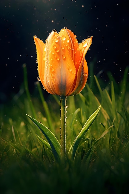 Une tulipe avec des gouttelettes d'eau dessus