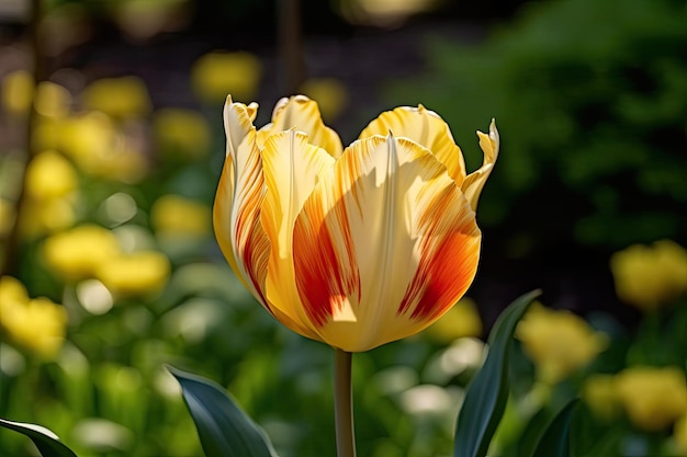 Une tulipe jaune et orange dans un champ de fleurs jaunes.