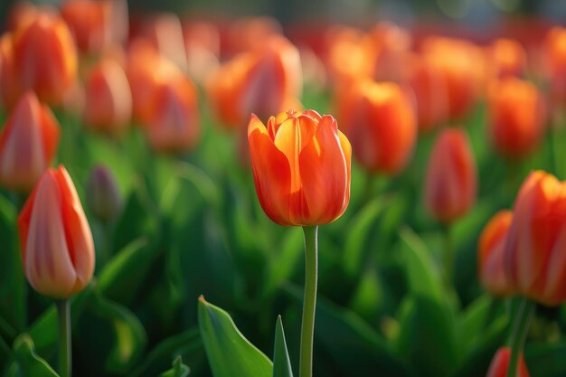 Photo tulipe orange au centre d'un grand groupe de tulipes devant un champ vert dans le style de la mise au point douce romantique et de la lumière sélective éthérée