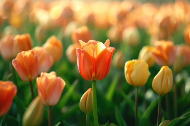 Photo tulipe orange au centre d'un grand groupe de tulipes devant un champ vert dans le style de la mise au point douce romantique et de la lumière sélective éthérée