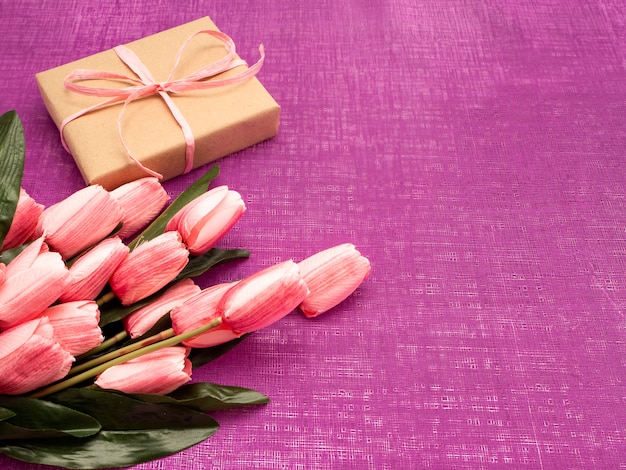 Tulipe pourpre et coffret cadeau sur fond violet