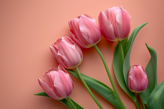 une tulipe rose avec des feuilles vertes et un fond rose