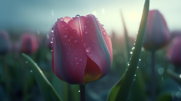 Une tulipe rose avec des gouttelettes d'eau dessus