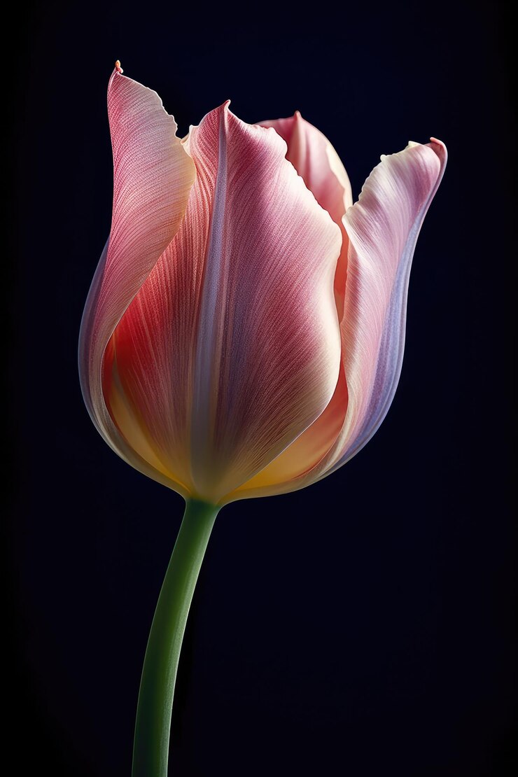 Photo une tulipe rose avec une tige verte et une pointe jaune.