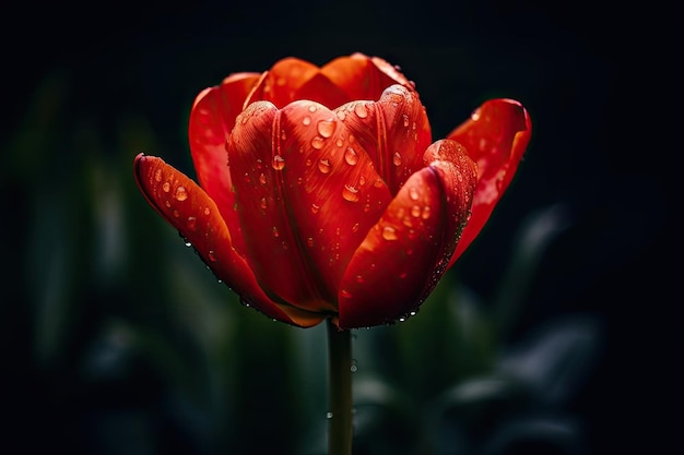 Une tulipe rouge avec des gouttelettes d'eau dessus