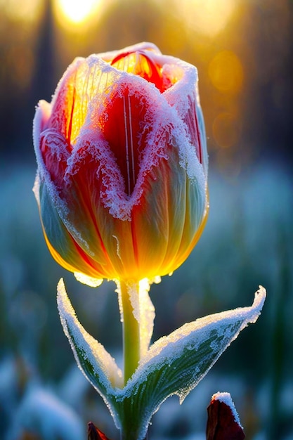 Tulipe rouge et jaune avec du givre sur ses pétales au soleil AI générative