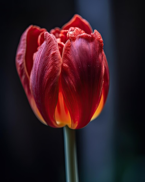 Une tulipe rouge et jaune sur un fond noir