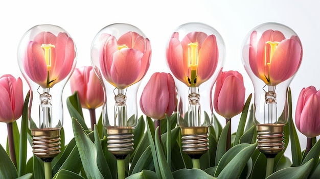 Photo les tulipes à ampoules sont isolées sur un fond blanc concept d'économie d'énergie et d'environnement