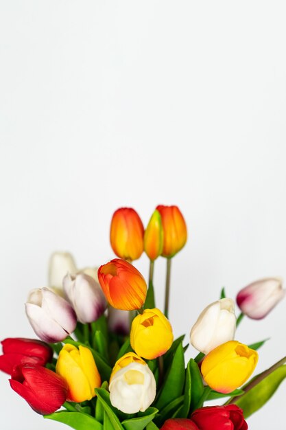 Tulipes artificielles multicolores sur fond blanc. décorer l'intérieur de la maison avec des plantes. Fleuriste. vente de fleurs, plantes et compositions de celles-ci.