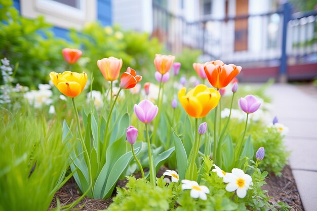 Des tulipes aux couleurs vives dans un parterre bien entretenu