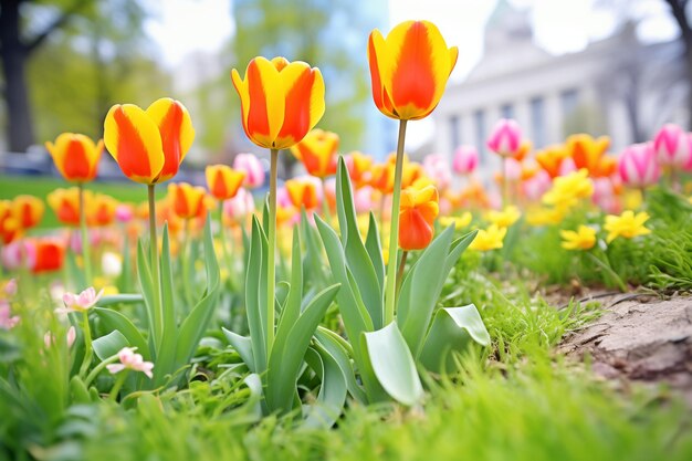 Des tulipes aux couleurs vives dans un parterre bien entretenu