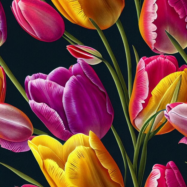 Les tulipes aux couleurs vives sont disposées en bouquet sur un fond noir ai générative