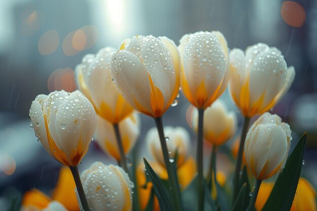 Des tulipes blanches et jaunes en fleurs après la pluie à l'extérieur