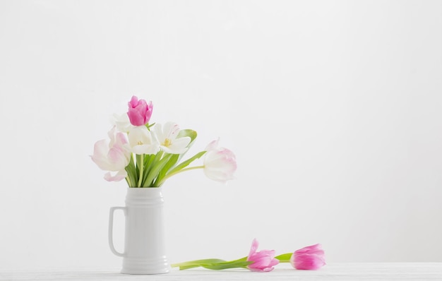 Tulipes blanches et roses en pot sur fond blanc