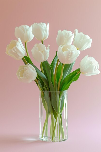 Photo des tulipes blanches softfocus 3d dans un vase transparent