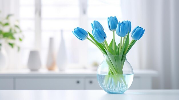 Photo des tulipes bleues dans un vase en verre