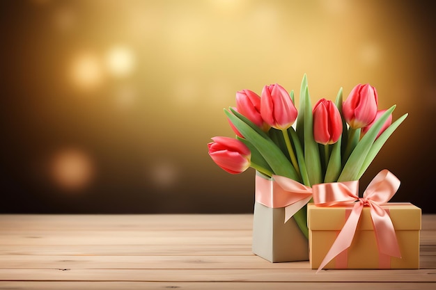 Des tulipes avec une boîte à cadeaux sur une table en bois