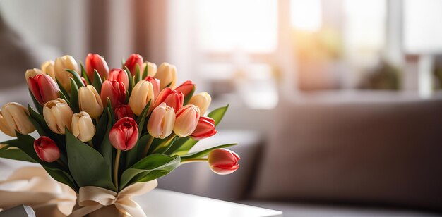 Des tulipes charmantes présentées comme cadeaux sur la table