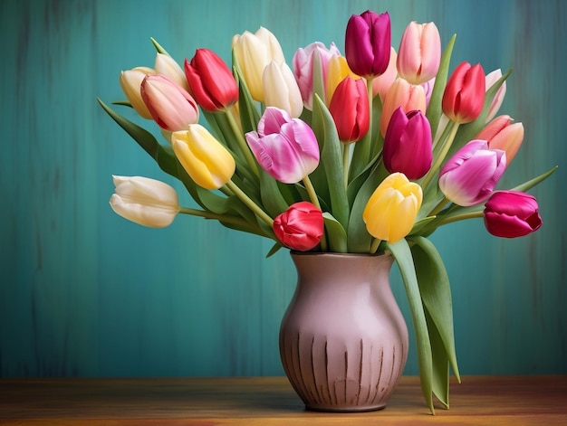 Des tulipes colorées assises sur une table en bois avec un fond vert