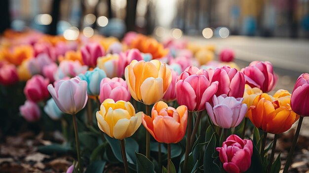 Des tulipes colorées dans le parc, un paysage de printemps, un fond HD, des papiers peints sur le bureau.