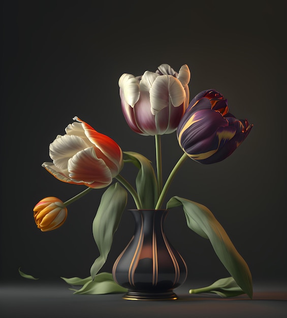 Tulipes colorées dans un vase sur fond sombre Contenu IA génératif