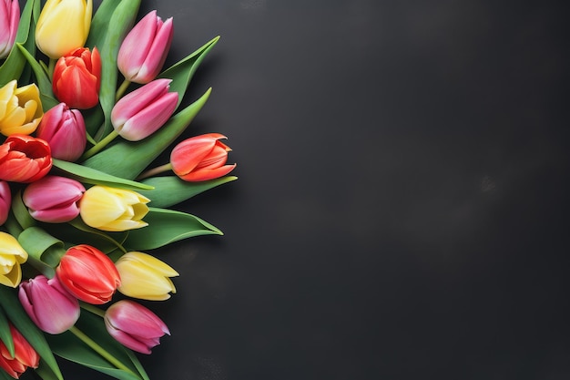 Des tulipes colorées sur un fond de béton sombre