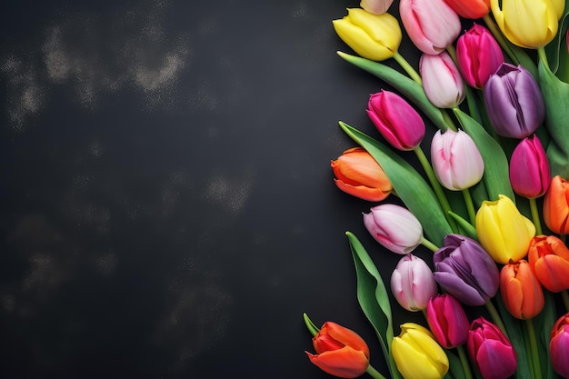 Des tulipes colorées sur un fond de béton sombre
